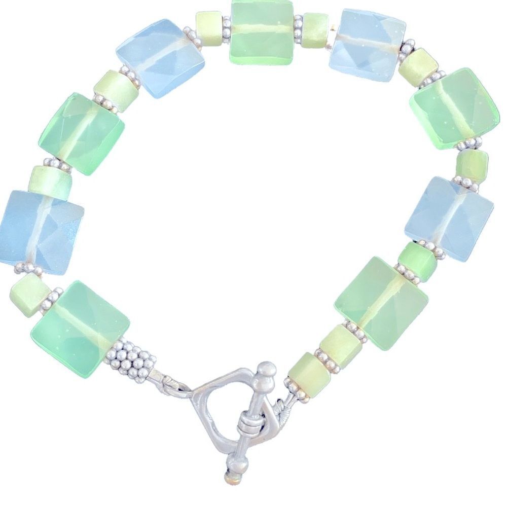 Vintage semi precious sterling silver blue green bracelet 7.5”